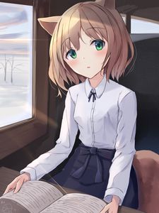 Preview wallpaper girl, neko, window, trees, anime