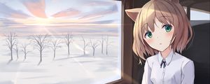 Preview wallpaper girl, neko, window, trees, anime