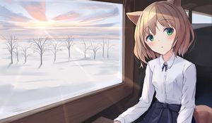 Preview wallpaper girl, neko, window, trees, anime