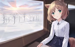Preview wallpaper girl, neko, window, trees, anime