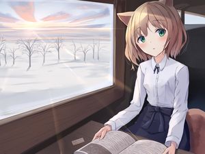 Preview wallpaper girl, neko, window, trees, anime
