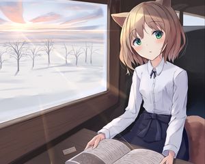 Preview wallpaper girl, neko, window, trees, anime
