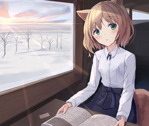 Preview wallpaper girl, neko, window, trees, anime