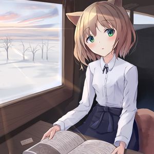 Preview wallpaper girl, neko, window, trees, anime