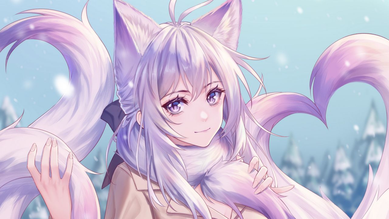 Wallpaper girl, neko, winter, anime, art, purple