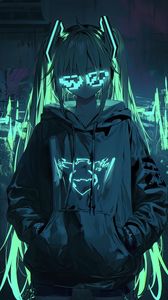 Preview wallpaper girl, neon, glasses, glow, art, anime