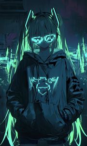 Preview wallpaper girl, neon, glasses, glow, art, anime