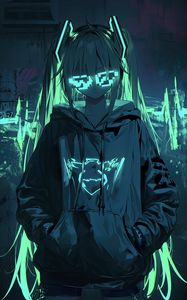 Preview wallpaper girl, neon, glasses, glow, art, anime