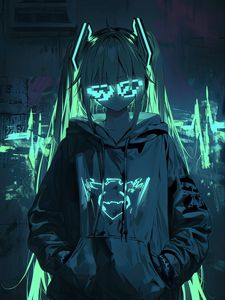 Preview wallpaper girl, neon, glasses, glow, art, anime