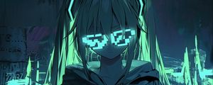 Preview wallpaper girl, neon, glasses, glow, art, anime