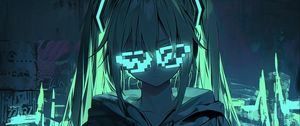 Preview wallpaper girl, neon, glasses, glow, art, anime