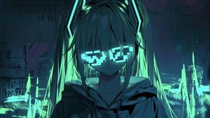 Preview wallpaper girl, neon, glasses, glow, art, anime