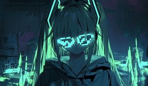 Preview wallpaper girl, neon, glasses, glow, art, anime