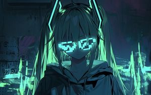 Preview wallpaper girl, neon, glasses, glow, art, anime