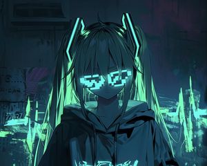 Preview wallpaper girl, neon, glasses, glow, art, anime