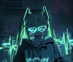 Preview wallpaper girl, neon, glasses, glow, art, anime