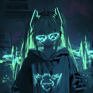 Preview wallpaper girl, neon, glasses, glow, art, anime