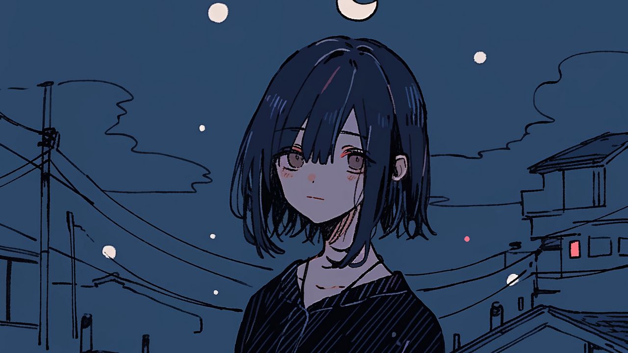 Wallpaper girl, night, home, moon, stars, sadness, anime