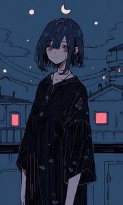 Preview wallpaper girl, night, home, moon, stars, sadness, anime