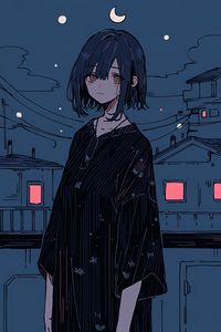 Preview wallpaper girl, night, home, moon, stars, sadness, anime