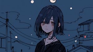 Preview wallpaper girl, night, home, moon, stars, sadness, anime