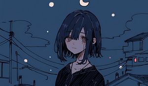 Preview wallpaper girl, night, home, moon, stars, sadness, anime