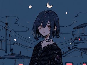 Preview wallpaper girl, night, home, moon, stars, sadness, anime