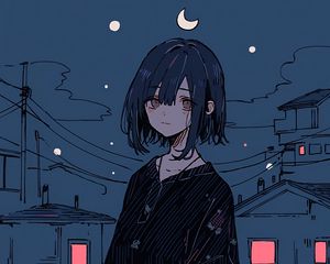 Preview wallpaper girl, night, home, moon, stars, sadness, anime