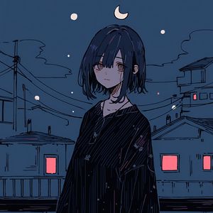 Preview wallpaper girl, night, home, moon, stars, sadness, anime