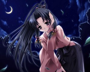 Preview wallpaper girl, night, moon, hair, posture, leaf
