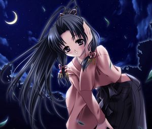 Preview wallpaper girl, night, moon, hair, posture, leaf