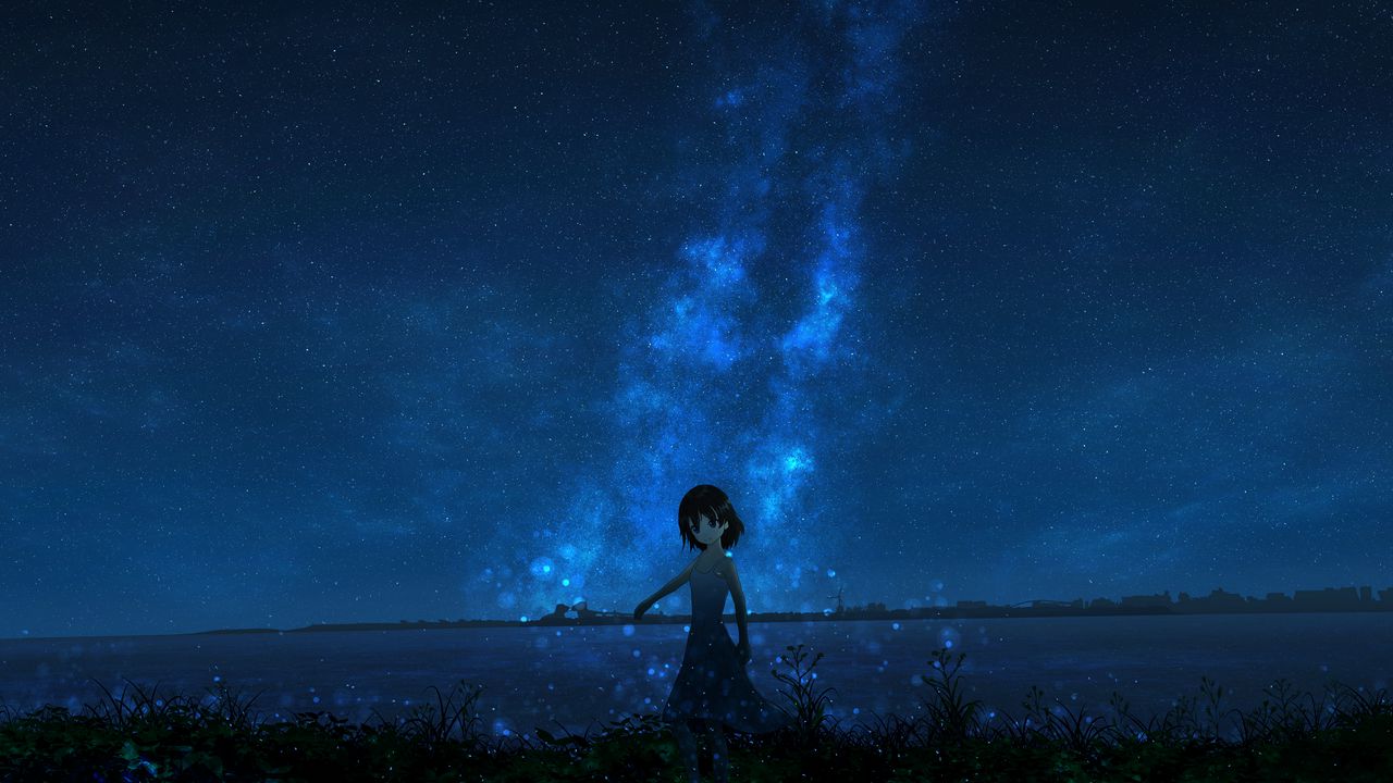 Wallpaper girl, night, starry sky, anime