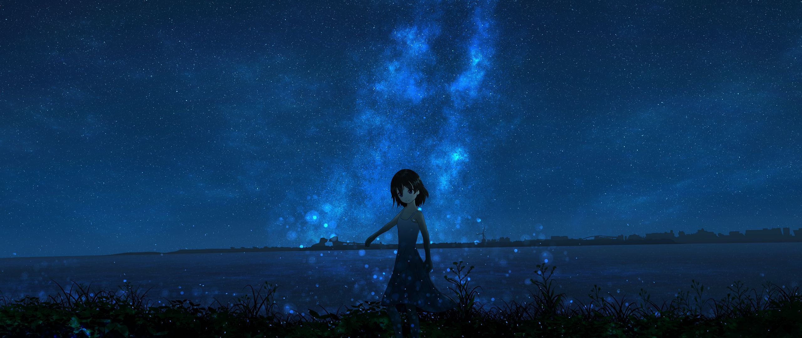 Download wallpaper 2560x1080 girl, night, starry sky, anime dual wide 1080p  hd background