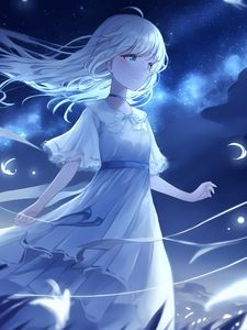 Preview wallpaper girl, night, wind, anime, blue