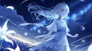 Preview wallpaper girl, night, wind, anime, blue