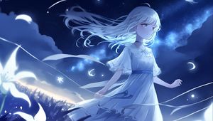 Preview wallpaper girl, night, wind, anime, blue