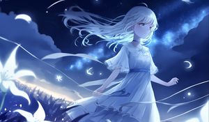 Preview wallpaper girl, night, wind, anime, blue