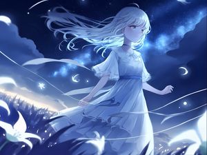 Preview wallpaper girl, night, wind, anime, blue