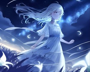 Preview wallpaper girl, night, wind, anime, blue