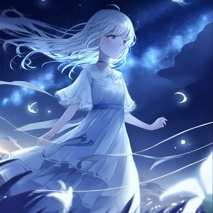 Preview wallpaper girl, night, wind, anime, blue