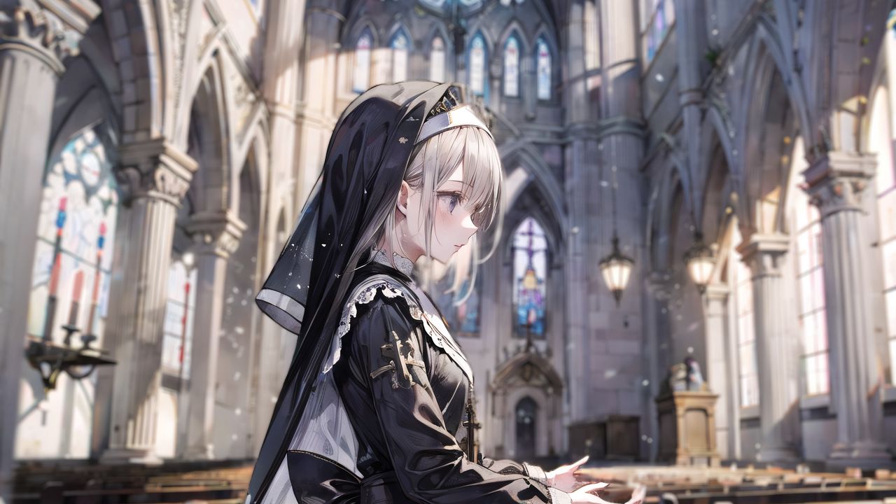 Wallpaper girl, nun, church, anime