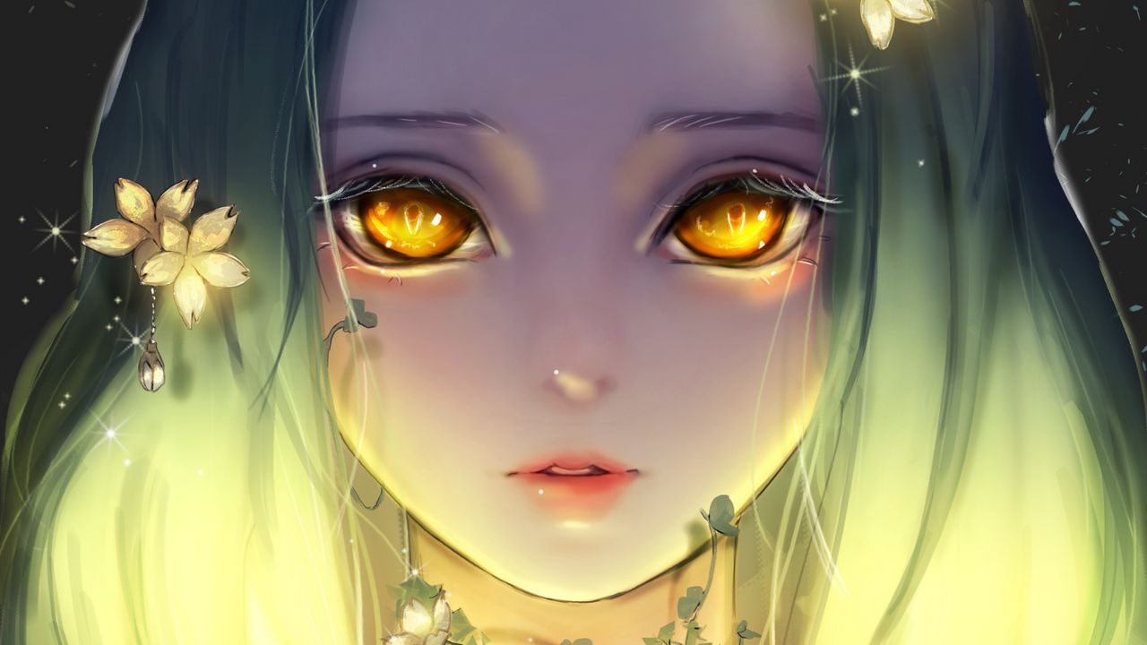 Wallpaper girl, nymph, glance, glow, anime