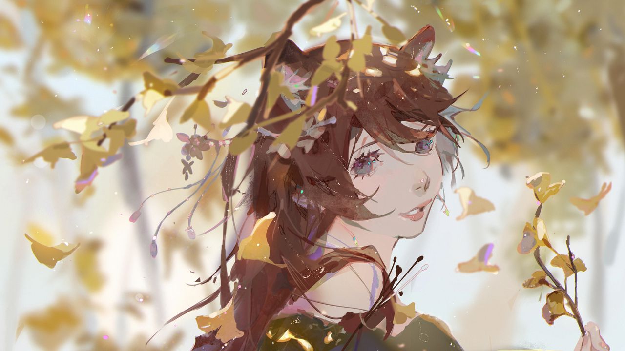 Wallpaper girl, nymph, wreath, leaves, anime, art