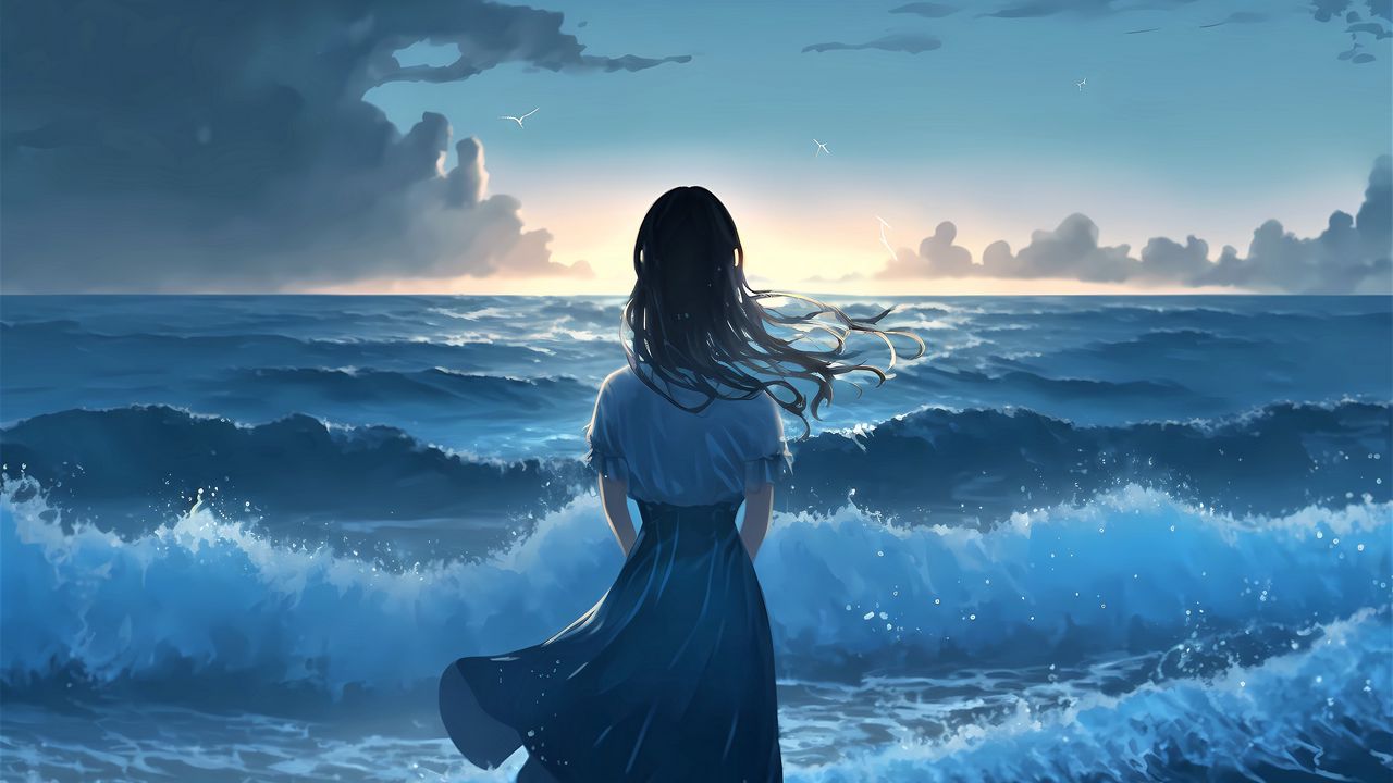 Wallpaper girl, ocean, waves, alone, anime, blue