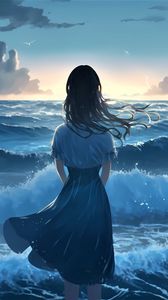 Preview wallpaper girl, ocean, waves, alone, anime, blue