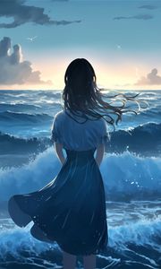 Preview wallpaper girl, ocean, waves, alone, anime, blue