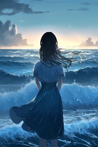 Preview wallpaper girl, ocean, waves, alone, anime, blue