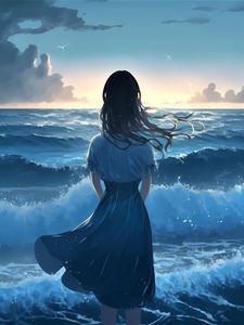 Preview wallpaper girl, ocean, waves, alone, anime, blue