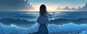 Preview wallpaper girl, ocean, waves, alone, anime, blue