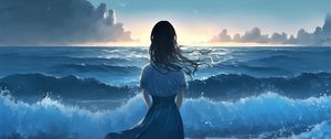 Preview wallpaper girl, ocean, waves, alone, anime, blue
